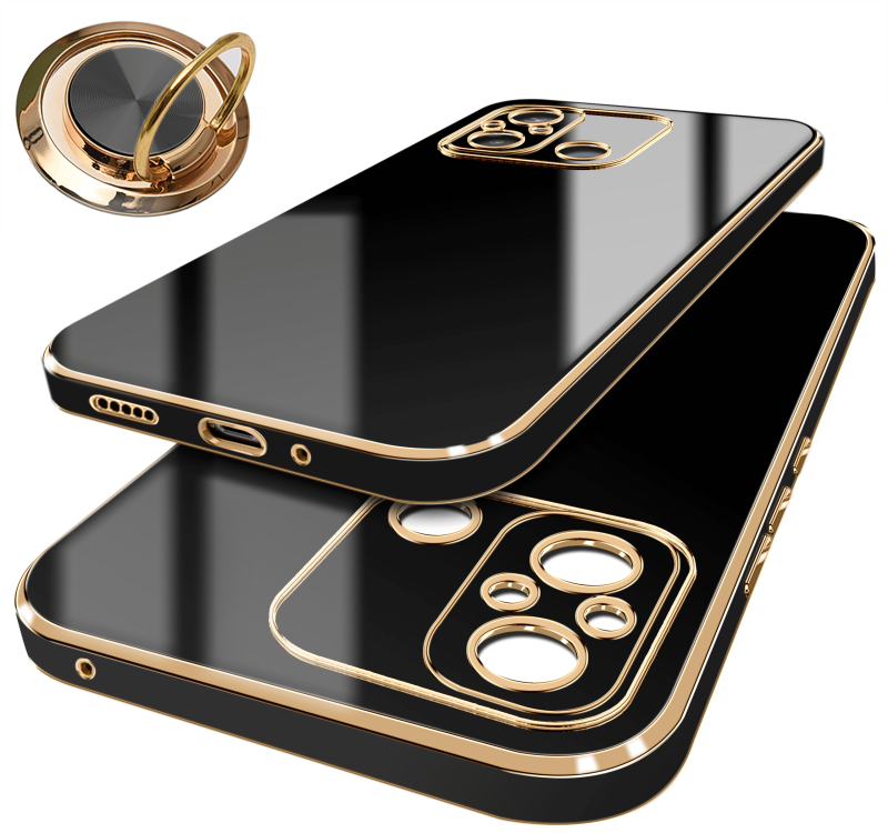 Etui do Xiaomi Redmi 12C ze złotą ramką ring czarne + szkło nakładka na plecki case