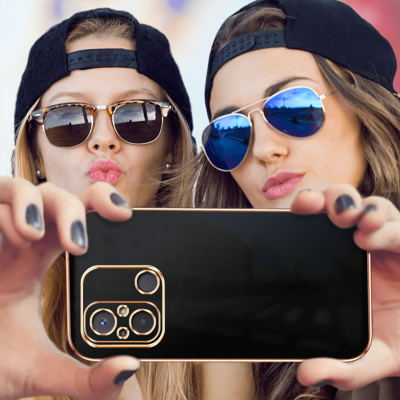 Etui do Xiaomi Redmi 12C ze złotą ramką ring czarne + szkło nakładka na plecki case