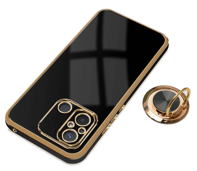 Etui do Xiaomi Redmi 12C ze złotą ramką ring czarne + szkło nakładka na plecki case