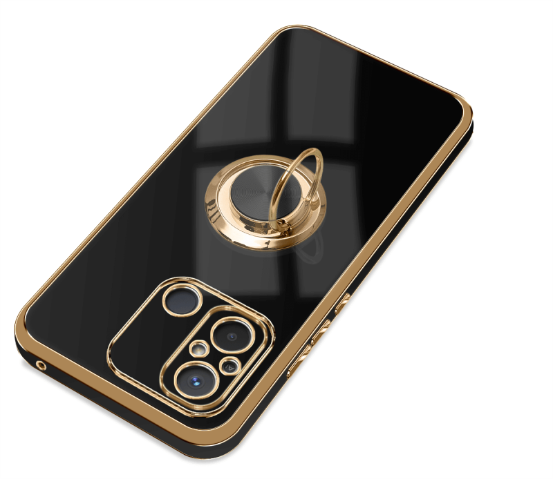 Etui do Xiaomi Redmi 12C ze złotą ramką ring czarne + szkło nakładka na plecki case