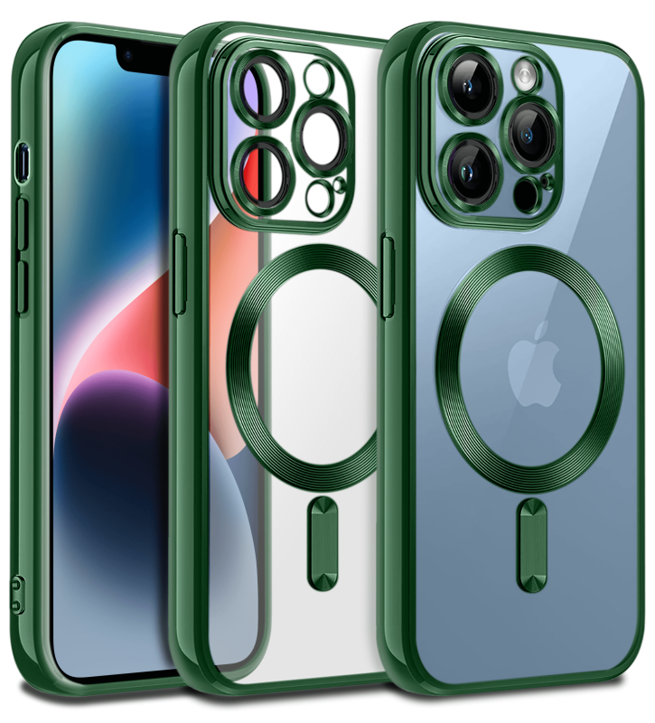 Etui do Iphone 12 Pro MagSafe przeźroczyste z zieloną ramką + szkło nakładka na plecki case