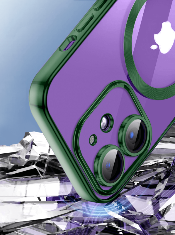 Etui do Iphone 12 MagSafe przeźroczyste z zielona ramką + szkło nakładka na plecki case