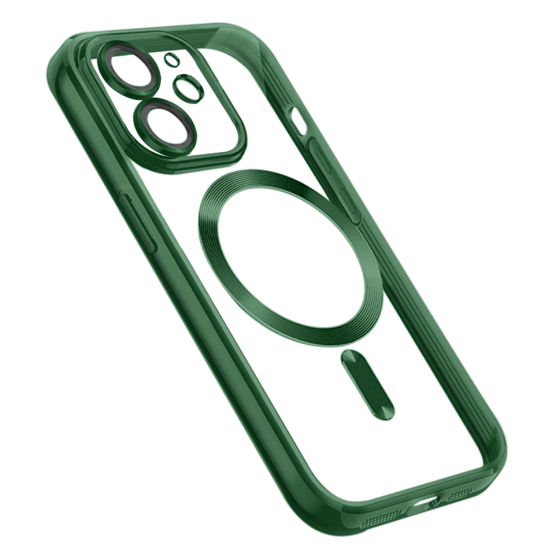 Etui do Iphone 12 MagSafe przeźroczyste z zielona ramką + szkło nakładka na plecki case