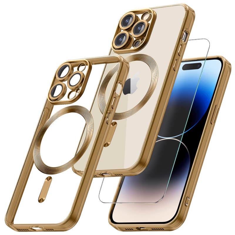 Etui do Iphone 14 Pro Magsafe Pretty z złotą ramką + szkło nakładka na plecki case