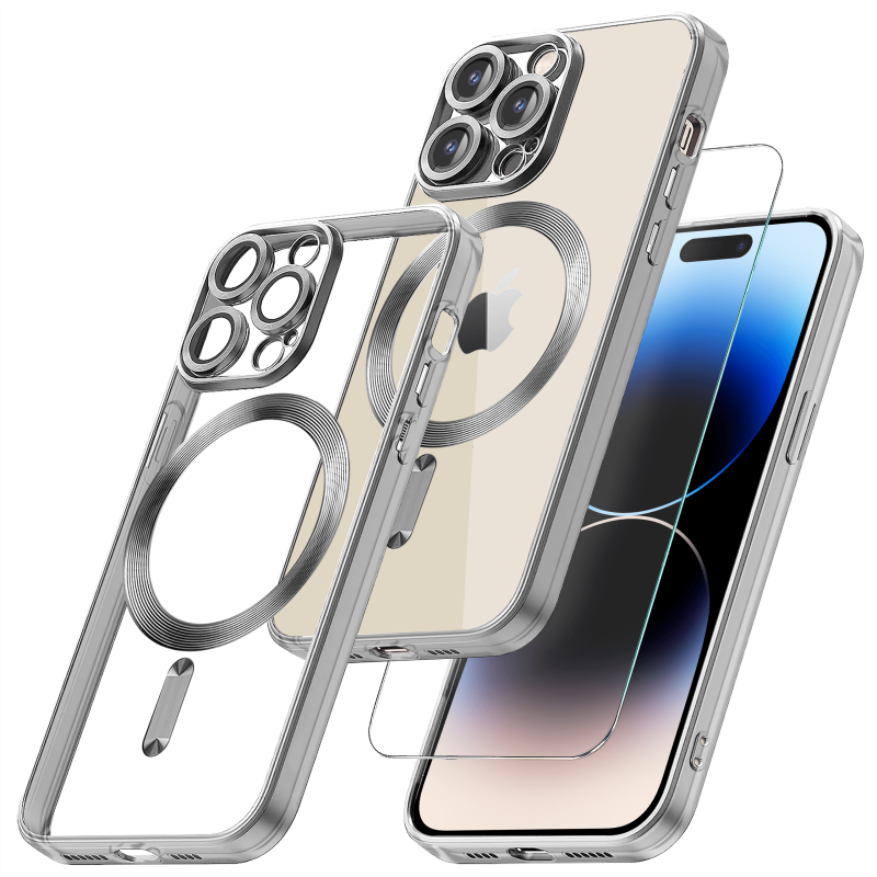 Etui do Iphone 14 Pro Magsafe Pretty z srebrna ramką + szkło nakładka na plecki case