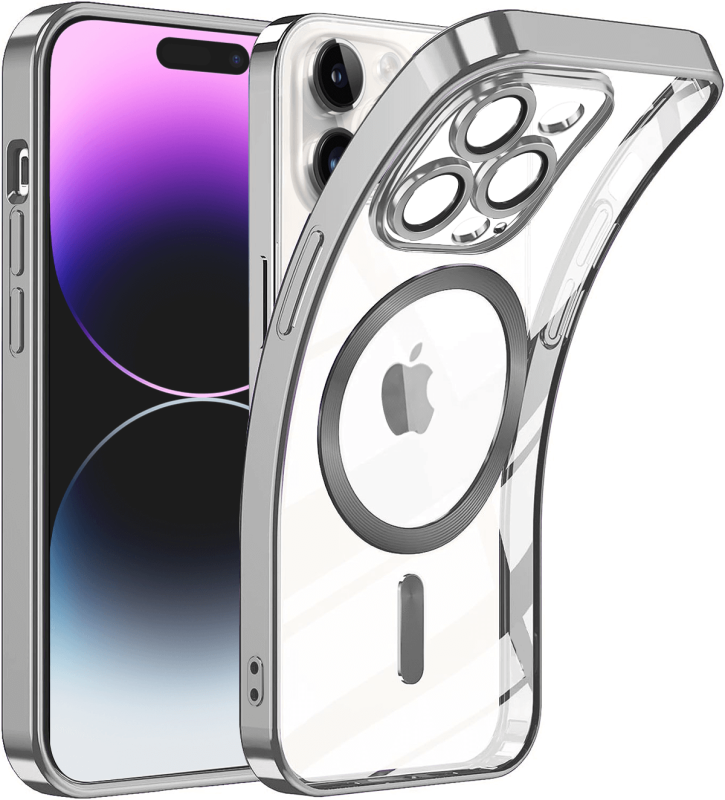 Etui do Iphone 14 Pro Magsafe Pretty z srebrna ramką + szkło nakładka na plecki case