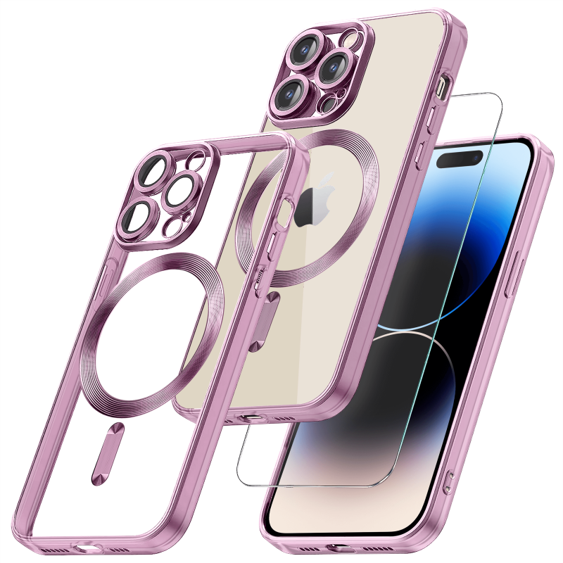 Etui do Iphone 14 Pro Magsafe Pretty z rózową ramką + szkło nakładka na plecki case