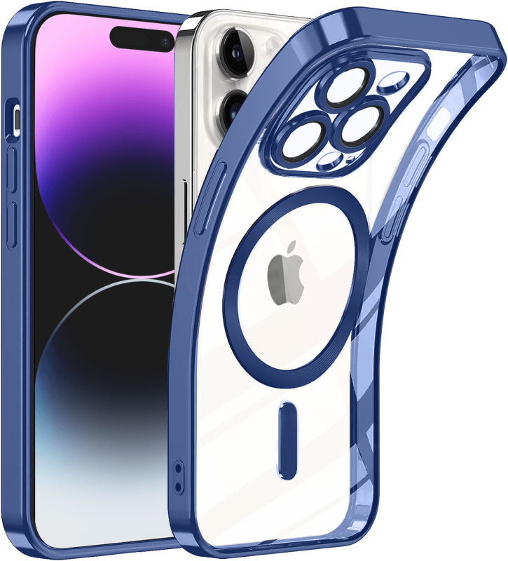 Etui do Iphone 14 Pro Magsafe Pretty z niebieską ramką + szkło nakładka na plecki case
