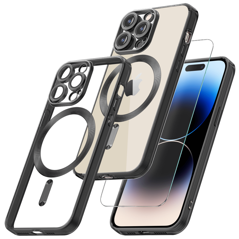 Etui do Iphone 14 Pro Magsafe Pretty z czarne ramką + szkło nakładka na plecki case