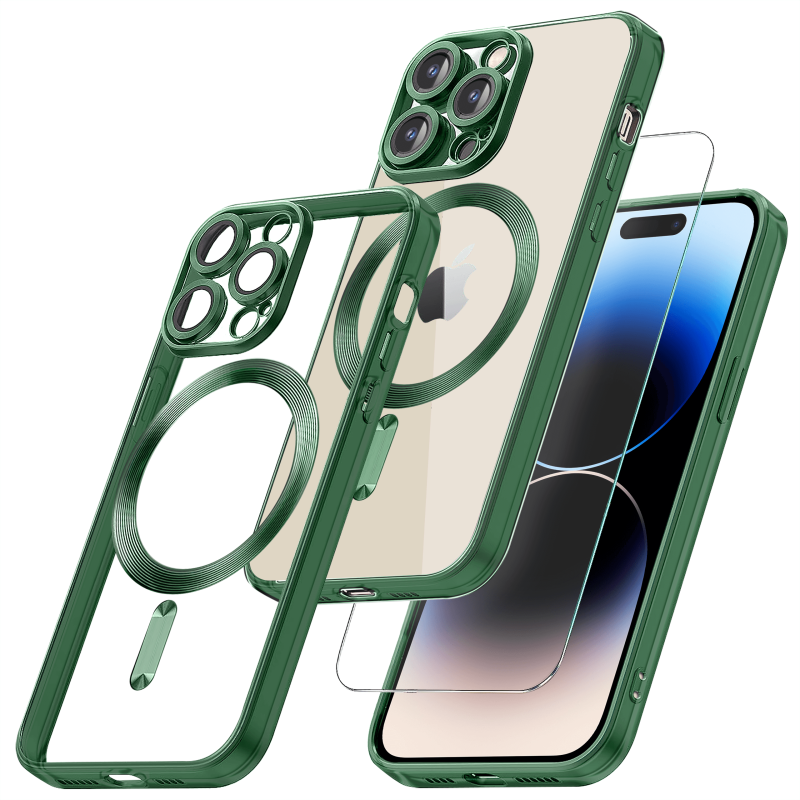 Etui do Iphone 14 Pro Magsafe Pretty z zieloną ramką + szkło nakładka na plecki case