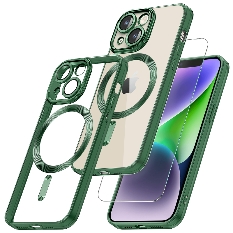 Etui do Iphone 14 Plus Magsafe Pretty z zieloną ramką + szkło nakładka na plecki case