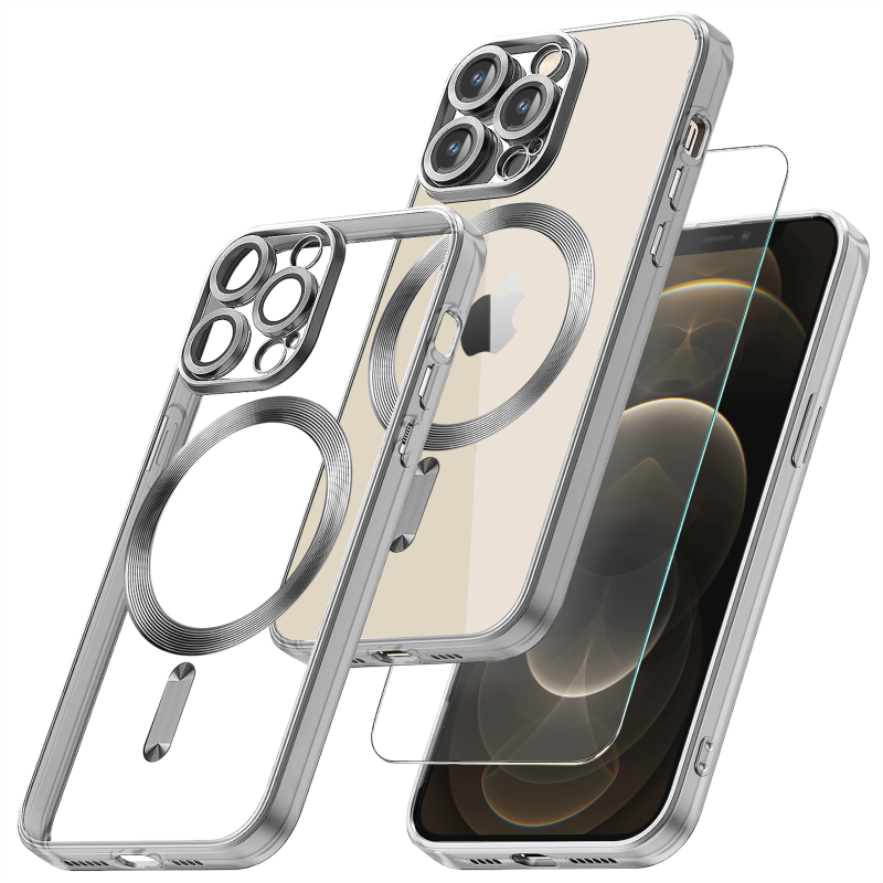Etui do Iphone 12 pro Magsafe Pretty z srebrną ramką + szkło nakładka na plecki case