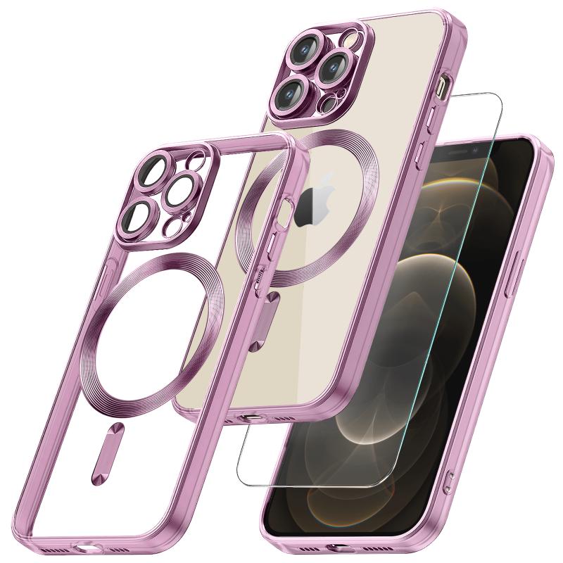 Etui do Iphone 12 pro Magsafe Pretty z różową ramką + szkło nakładka na plecki case