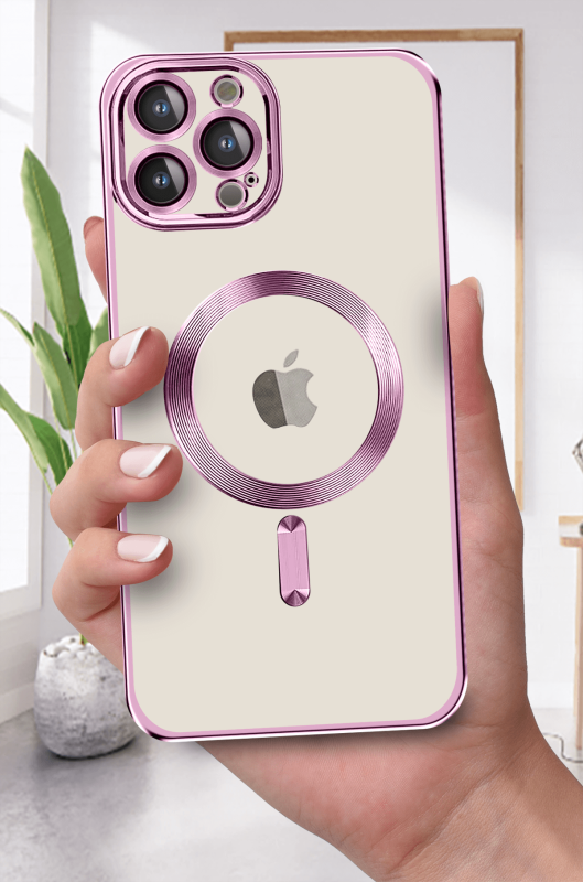 Etui do Iphone 12 pro Magsafe Pretty z różową ramką + szkło nakładka na plecki case