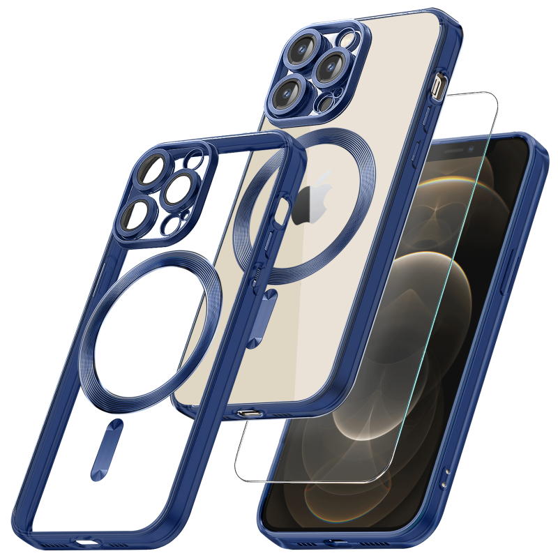 Etui do Iphone 12 pro Magsafe Pretty z niebieską ramką + szkło nakładka na plecki case