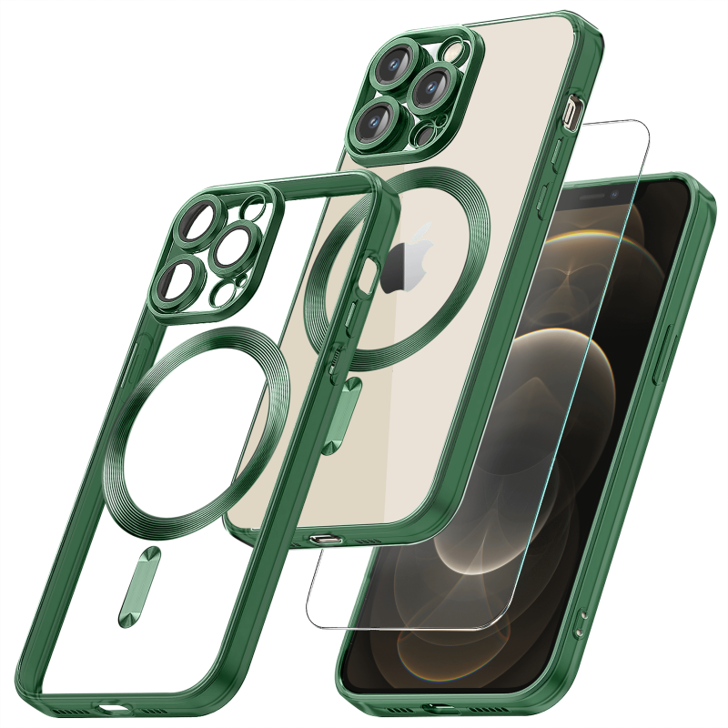 Etui do Iphone 12 pro Magsafe Pretty z zieloną ramką + szkło nakładka na plecki case