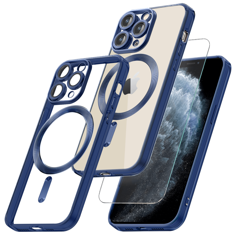 Etui do Iphone 11 Pro Magsafe Pretty z niebieską ramką + szkło nakładka na plecki case