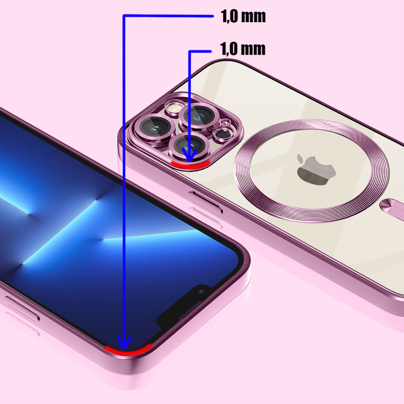 Etui do Iphone 13 Pro Magsafe Pretty z rózowa ramką + szkło nakładka na plecki case