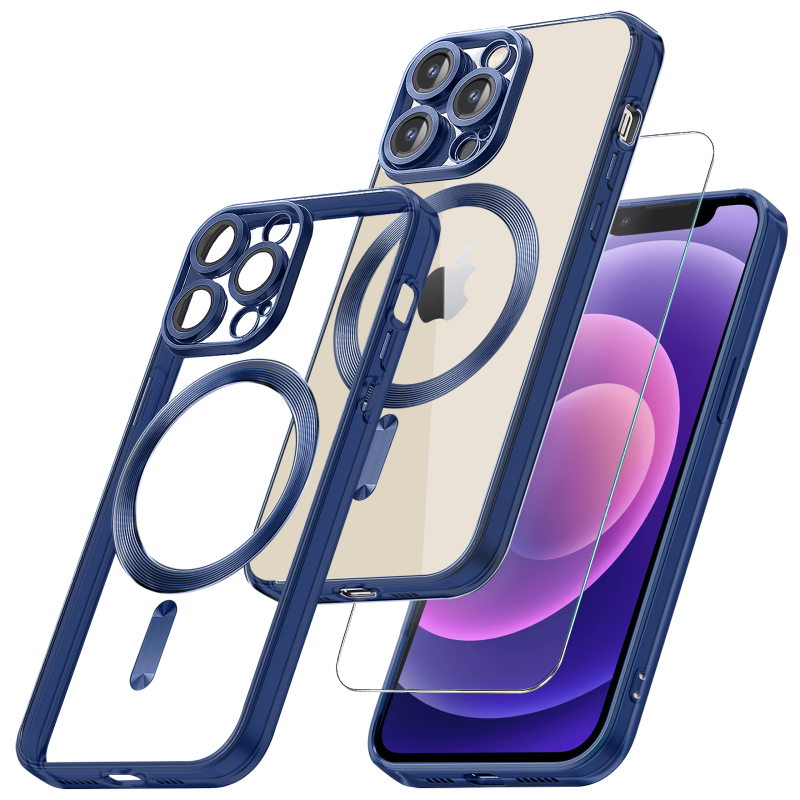 Etui do Iphone 13 Pro Magsafe Pretty z niebieską ramką + szkło nakładka na plecki case