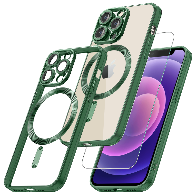 Etui do Iphone 13 Pro Magsafe Pretty z zielona ramką + szkło nakładka na plecki case