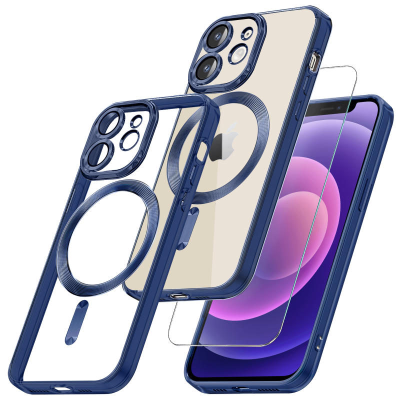 Etui do Iphone 12 Magsafe Pretty z niebieską ramką + szkło nakładka na plecki case