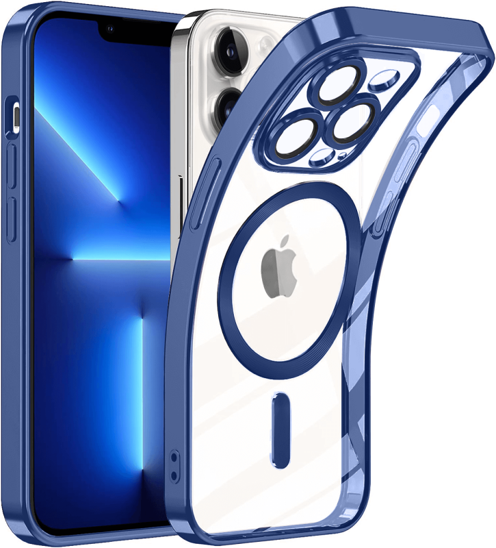 Etui do Iphone 14 Pro Max Magsafe Pretty z niebieską ramką + szkło nakładka na plecki case