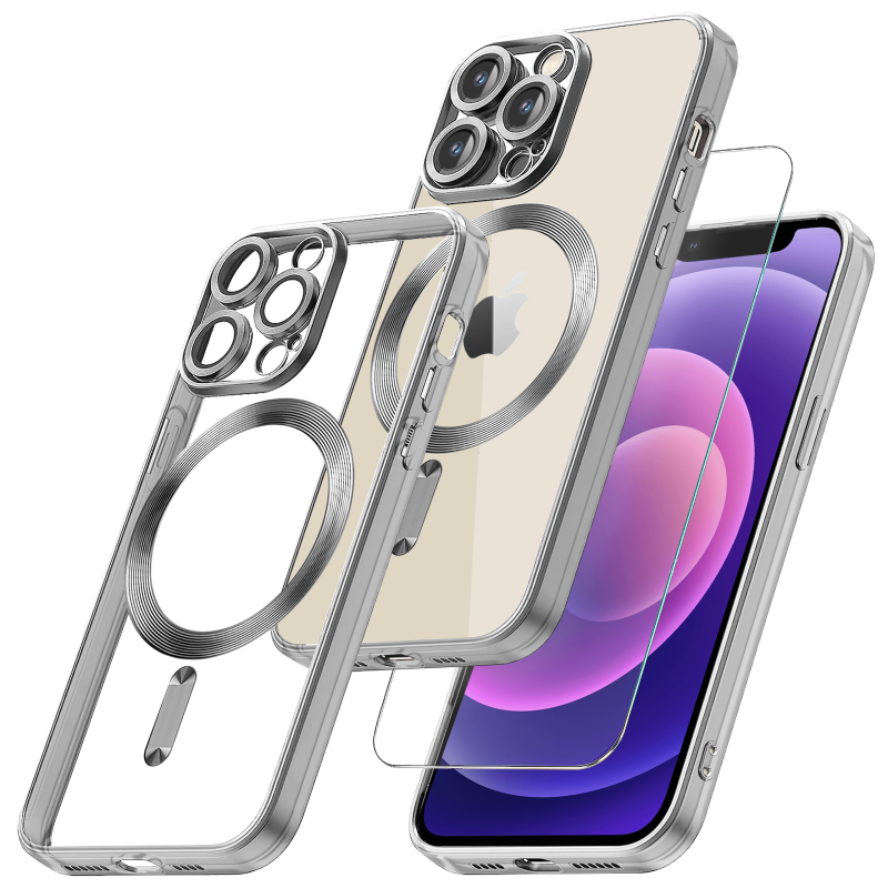 Etui do Iphone 14 Pro Max Magsafe Pretty z srebrną ramką + szkło nakładka na plecki case