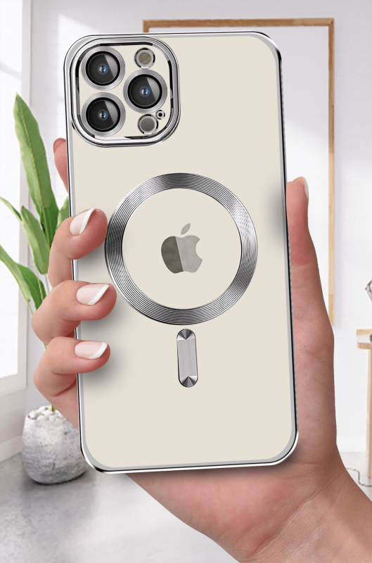 Etui do Iphone 14 Pro Max Magsafe Pretty z srebrną ramką + szkło nakładka na plecki case