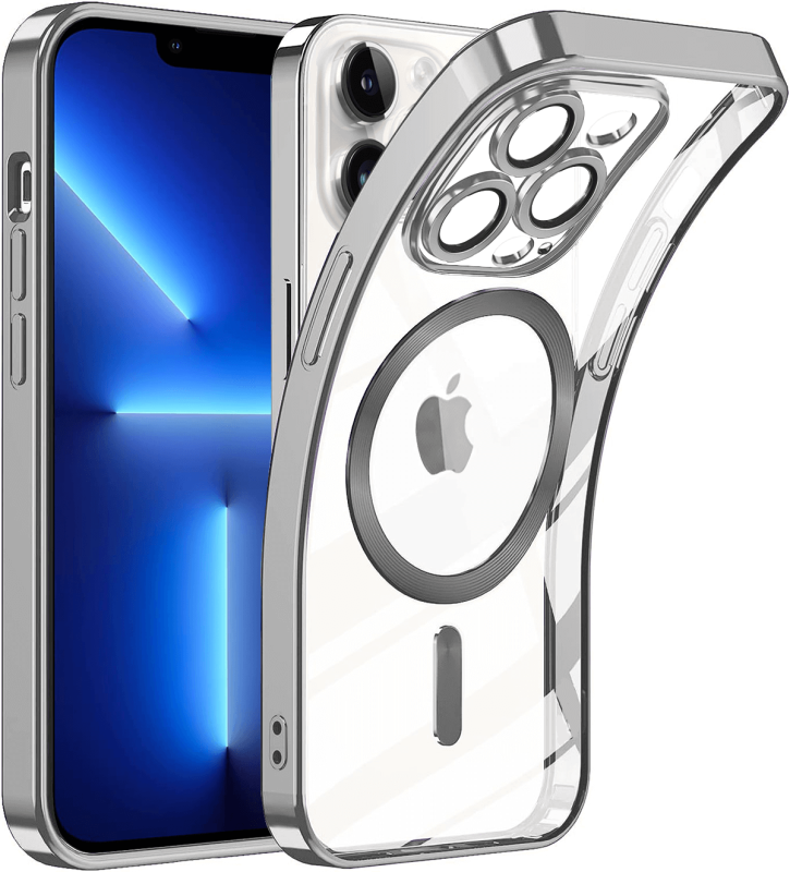Etui do Iphone 14 Pro Max Magsafe Pretty z srebrną ramką + szkło nakładka na plecki case