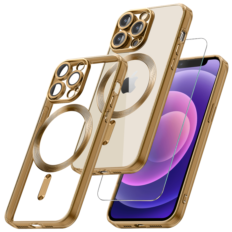 Etui do Iphone 14 Pro Max Magsafe Pretty z złotą ramką + szkło nakładka na plecki case