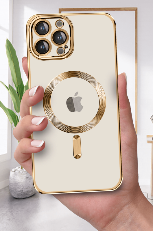 Etui do Iphone 14 Pro Max Magsafe Pretty z złotą ramką + szkło nakładka na plecki case