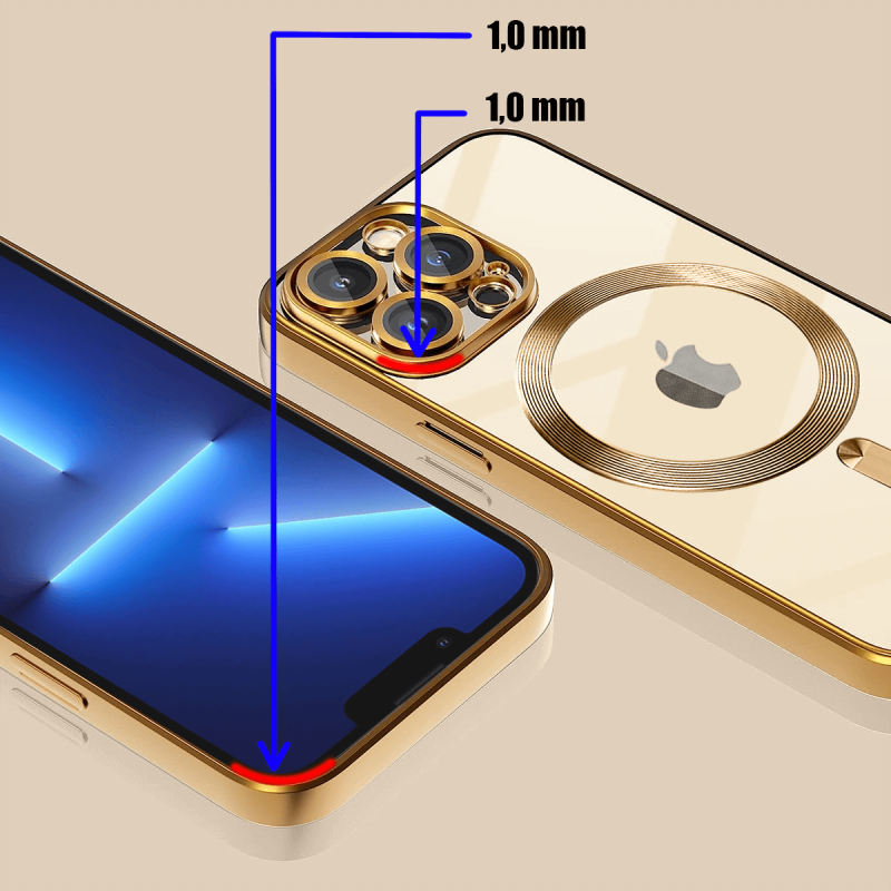 Etui do Iphone 14 Pro Max Magsafe Pretty z złotą ramką + szkło nakładka na plecki case