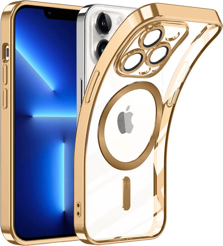 Etui do Iphone 14 Pro Max Magsafe Pretty z złotą ramką + szkło nakładka na plecki case