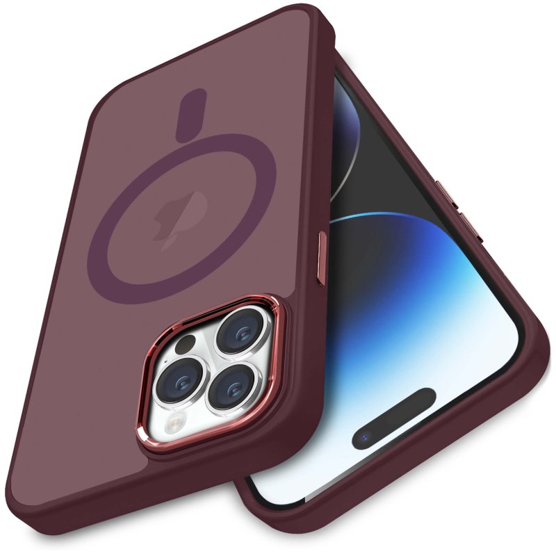Etui do Iphone 14 Pro Max Magsafe matowe burgundowe + szkło nakładka na plecki case