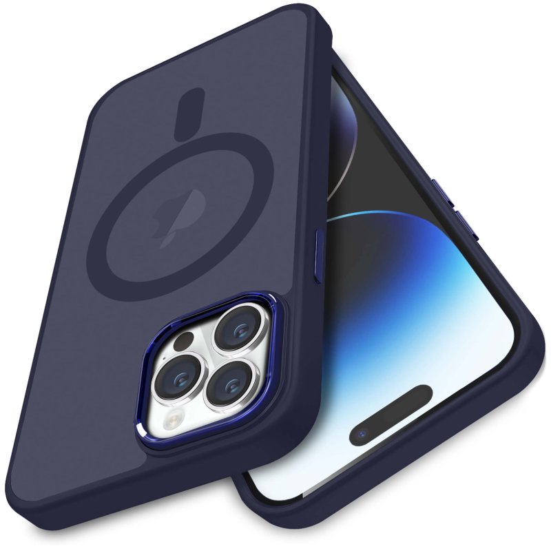 Etui do Iphone 14 Pro Max Magsafe matowe granatowe + szkło nakładka na plecki case