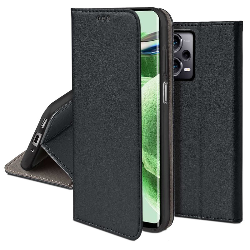 Etui do Xiaomi Redmi Note 12 5G czarne magnetyczne zamykane + szkło pokrowiec kabura case z klapką