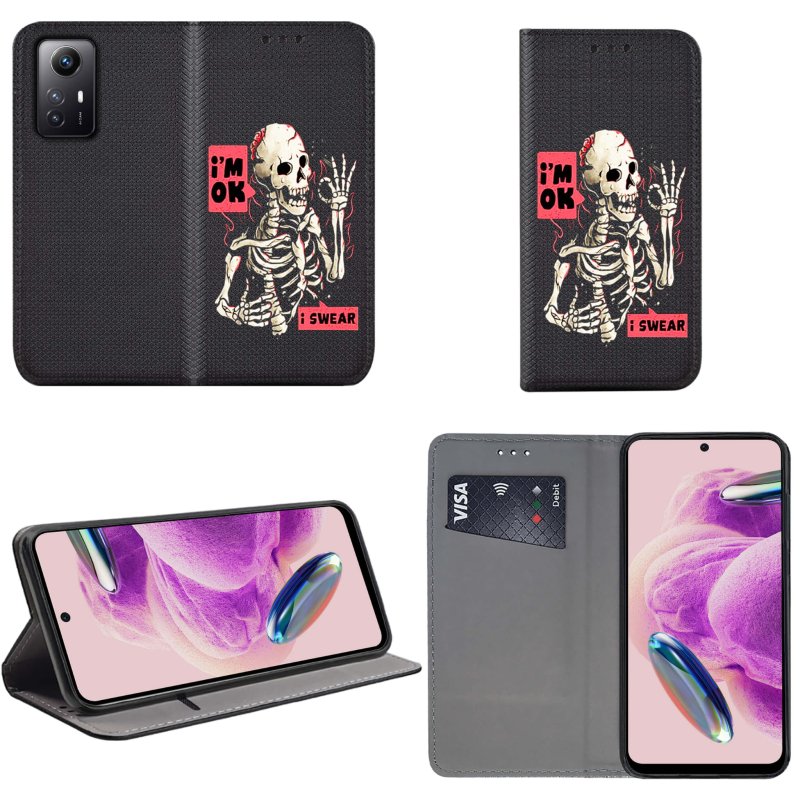 Etui do Xiaomi Redmi note 12S zamykane malowane wzór szkielet + szkło pokrowiec kabura case z klapka