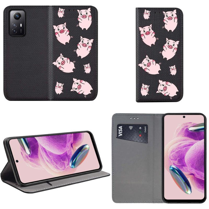 Etui do Xiaomi Redmi note 12S zamykane malowane wzór świnki + szkło pokrowiec kabura case z klapka