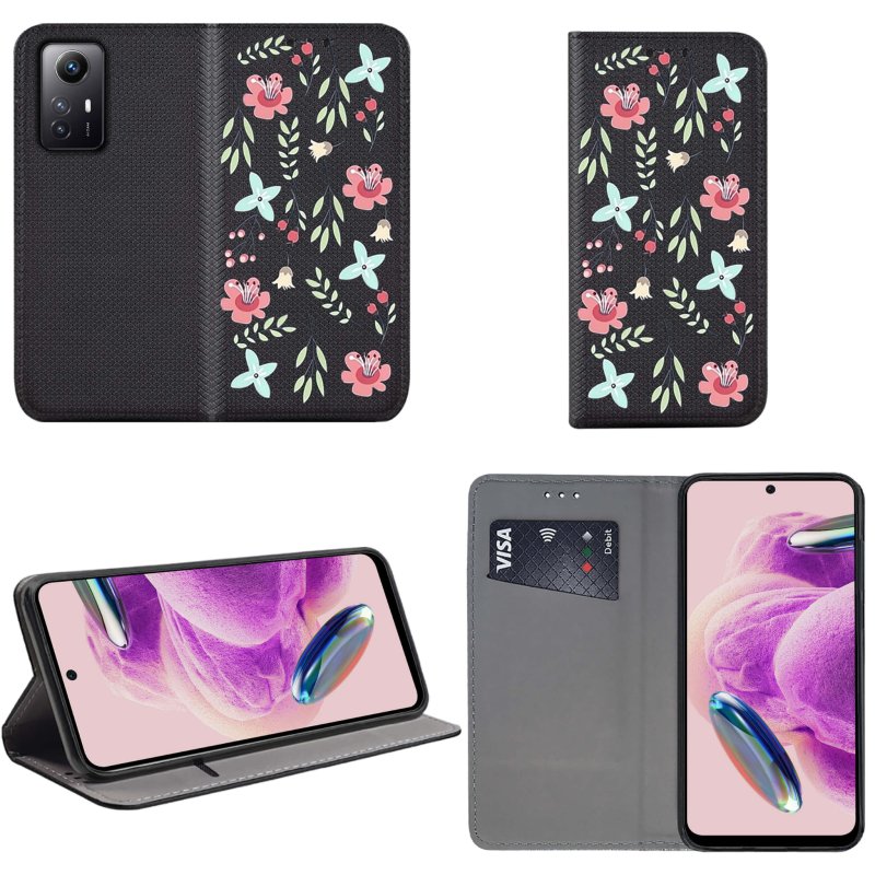 Etui do Xiaomi Redmi note 12S zamykane malowane wzór kwiaty + szkło pokrowiec kabura case z klapka