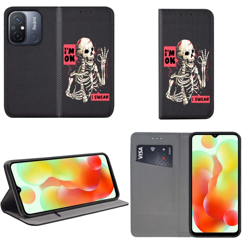 Etui do Xiaomi Redmi 12C zamykane malowane wzór szkielet + szkło pokrowiec kabura z klapką