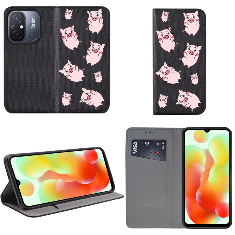 Etui do Xiaomi Redmi 12C zamykane malowane wzór świnki + szkło pokrowiec kabura z klapką