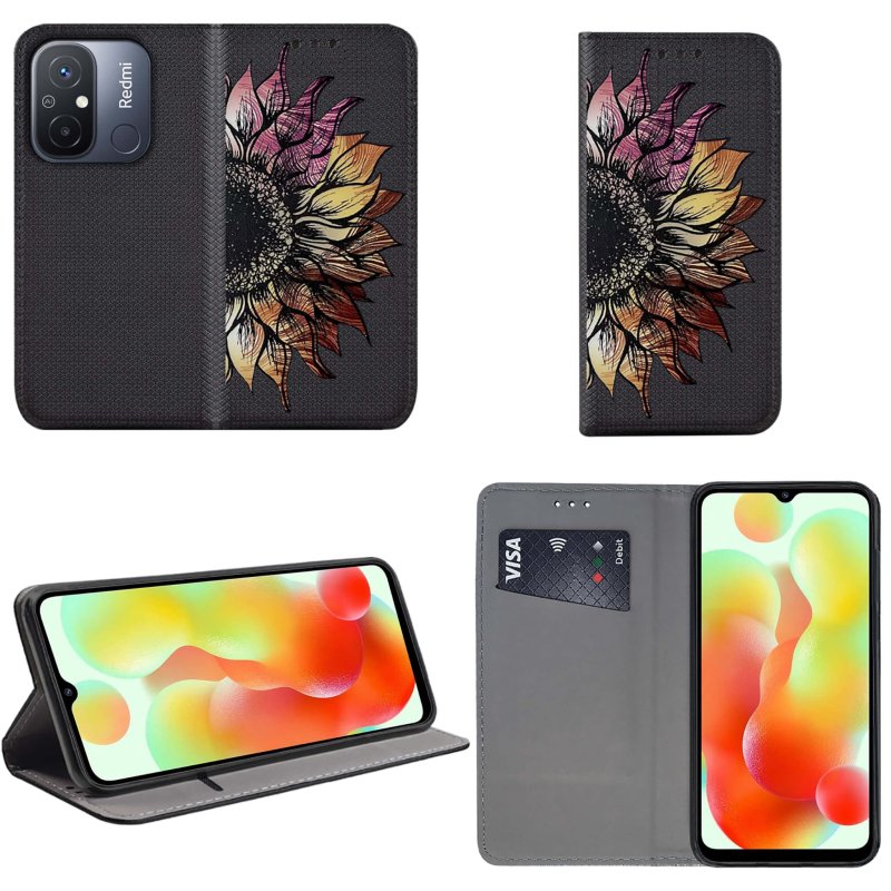 Etui do Xiaomi Redmi 12C zamykane malowane wzór kwiat + szkło pokrowiec kabura z klapką