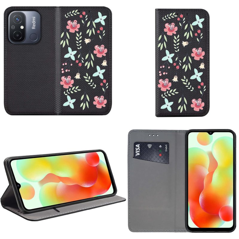 Etui do Xiaomi Redmi 12C zamykane malowane wzór kwiaty + szkło pokrowiec kabura z klapką