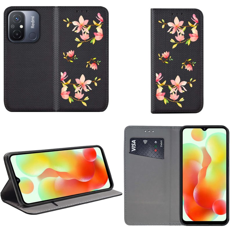 Etui do Xiaomi Redmi 12C zamykane malowane wzór kwiatki + szkło pokrowiec kabura z klapką