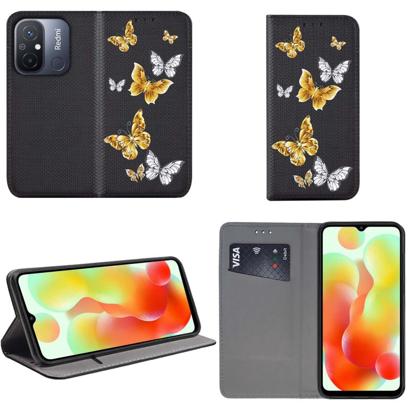 Etui do Xiaomi Redmi 12C zamykane malowane wzór motylki + szkło pokrowiec kabura z klapką