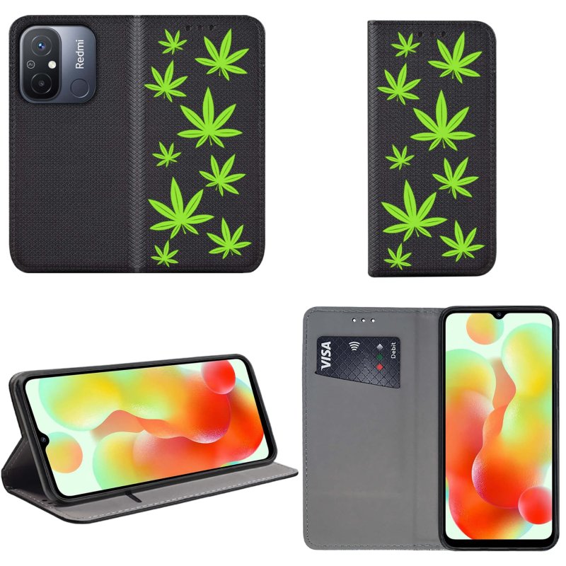 Etui do Xiaomi Redmi 12C zamykane malowane wzór liście + szkło pokrowiec kabura z klapką