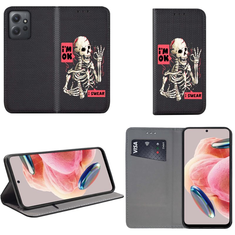 Etui do Xiaomi Redmi Note 12 4G zamykane malowane wzór szkielet + szkło pokrowiec kabura case  z klapką