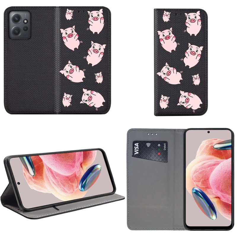 Etui do Xiaomi Redmi Note 12 4G zamykane malowane wzór świnki + szkło pokrowiec kabura case  z klapką