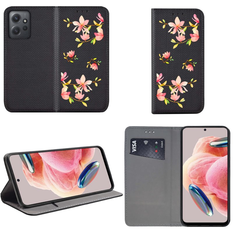 Etui do Xiaomi Redmi Note 12 4G zamykane malowane wzór kwiatki + szkło pokrowiec kabura case  z klapką