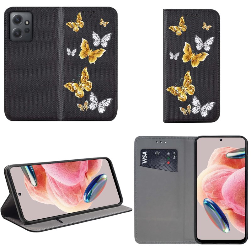Etui do Xiaomi Redmi Note 12 4G zamykane malowane wzór motyle + szkło pokrowiec kabura case  z klapką